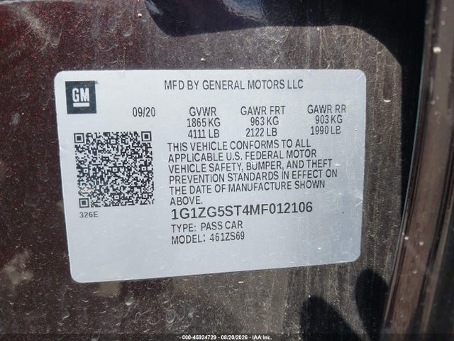 Продажа на аукционе авто 2021 Chevrolet Malibu Fwd Rs, vin: 1G1ZG5ST4MF012106, номер лота: 45924729