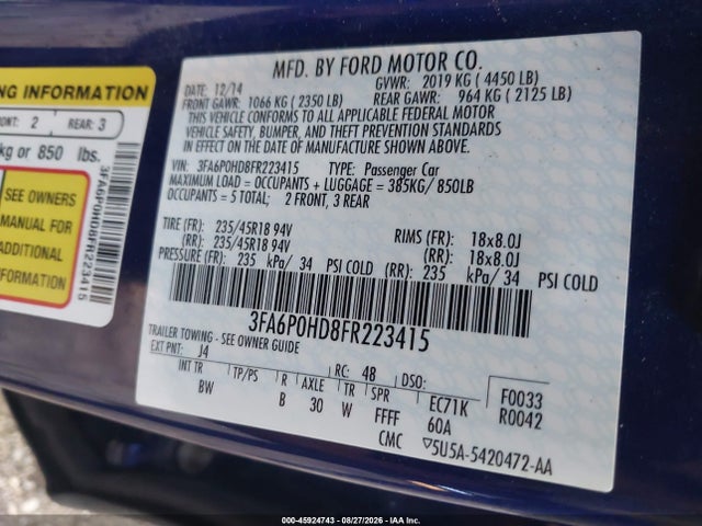 45924743 :رقم المزاد ، 3FA6P0HD8FR223415 vin ، 2015 Ford Fusion Se مزاد بيع