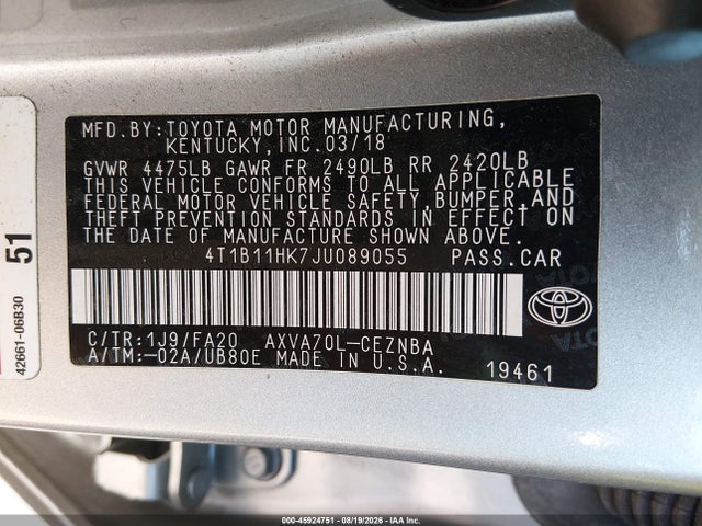 45924751 :رقم المزاد ، 4T1B11HK7JU089055 vin ، 2018 Toyota Camry Le مزاد بيع