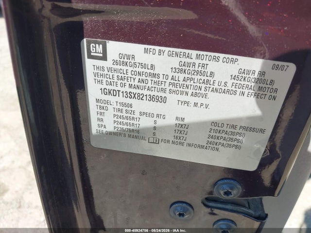45924756 :رقم المزاد ، 1GKDT13SX82136930 vin ، 2008 Gmc Envoy Sle مزاد بيع