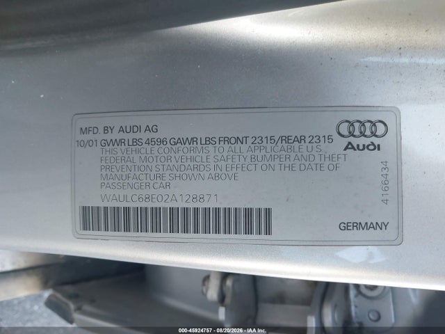 Aukcja sprzedaży 2002 Audi A4 1.8t, vin: WAULC68E02A128871, numer aukcji: 45924757