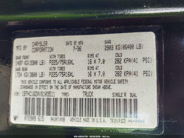 Aukcja sprzedaży 1997 Dodge Ram 1500 Lt, vin: 1B7HC16ZXVS103511, numer aukcji: 45924759