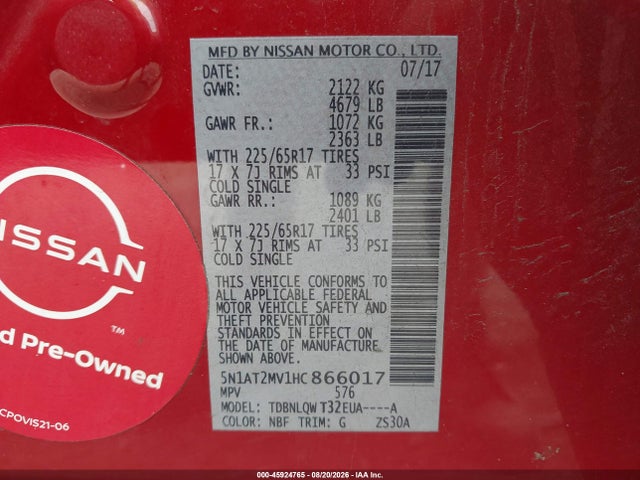 Продажа на аукционе авто 2017 Nissan Rogue Sv, vin: 5N1AT2MV1HC866017, номер лота: 45924765