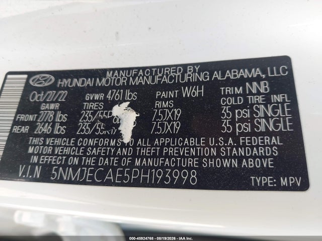Продажа на аукционе авто 2023 Hyundai Tucson Limited, vin: 5NMJECAE5PH193998, номер лота: 45924768