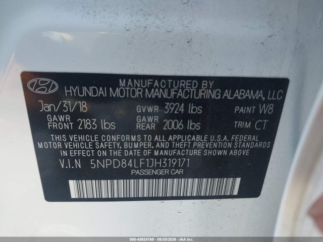 Aukcja sprzedaży 2018 Hyundai Elantra Sel, vin: 5NPD84LF1JH319171, numer aukcji: 45924769
