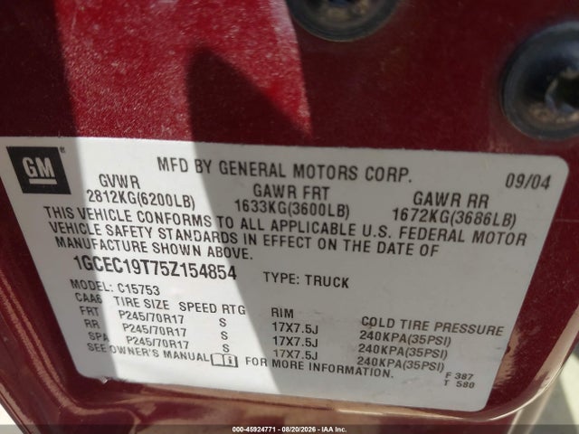 Продаж на аукціоні авто 2005 Chevrolet Silverado 1500 Lt, vin: 1GCEC19T75Z154854, номер лоту: 45924771