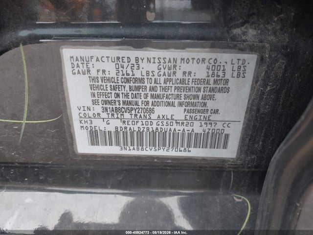 Продажа на аукционе авто 2023 Nissan Sentra Sv Xtronic Cvt, vin: 3N1AB8CV5PY270686, номер лота: 45924773