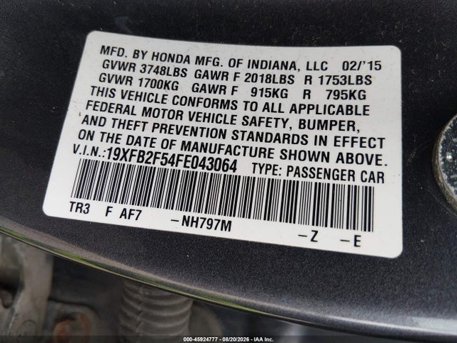 45924777 :رقم المزاد ، 19XFB2F54FE043064 vin ، 2015 Honda Civic Lx مزاد بيع