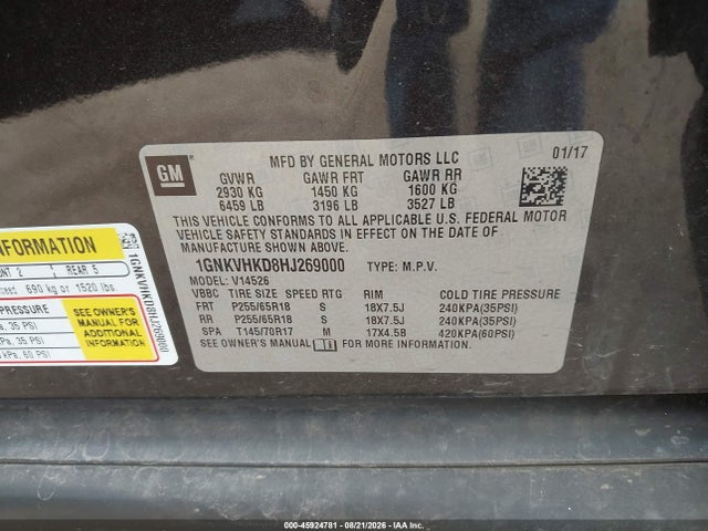 45924781 :رقم المزاد ، 1GNKVHKD8HJ269000 vin ، 2017 Chevrolet Traverse Lt مزاد بيع