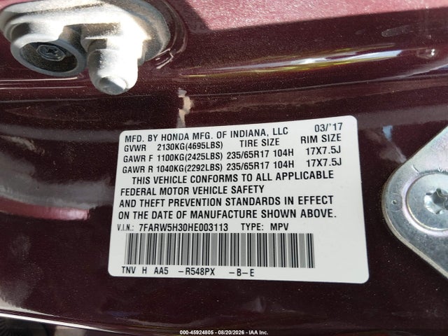 Aukcja sprzedaży 2017 Honda Cr-v Lx, vin: 7FARW5H30HE003113, numer aukcji: 45924805
