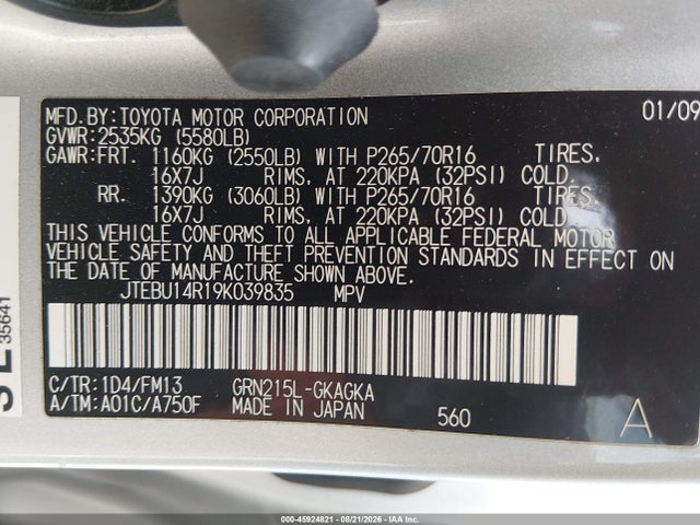 Aukcja sprzedaży 2009 Toyota 4runner Sr5 V6, vin: JTEBU14R19K039835, numer aukcji: 45924821