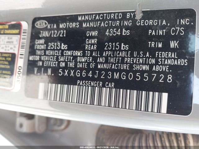 45924833 :رقم المزاد ، 5XXG64J23MG055728 vin ، 2021 Kia K5 Gt-line مزاد بيع