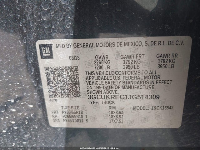 2018 Chevrolet Silverado 1500 2lt მანქანა იყიდება აუქციონზე, vin: 3GCUKREC1JG514309, აუქციონის ნომერი: 45924838
