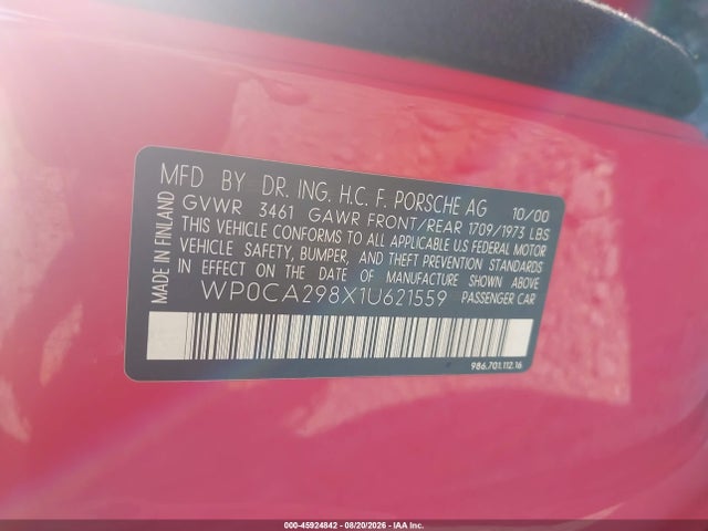 2001 Porsche Boxster მანქანა იყიდება აუქციონზე, vin: WP0CA298X1U621559, აუქციონის ნომერი: 45924842