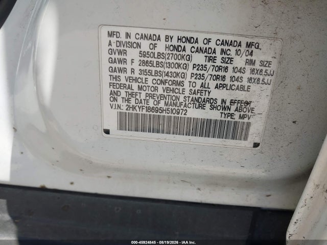 Продаж на аукціоні авто 2005 Honda Pilot Ex-l, vin: 2HKYF18695H510972, номер лоту: 45924845