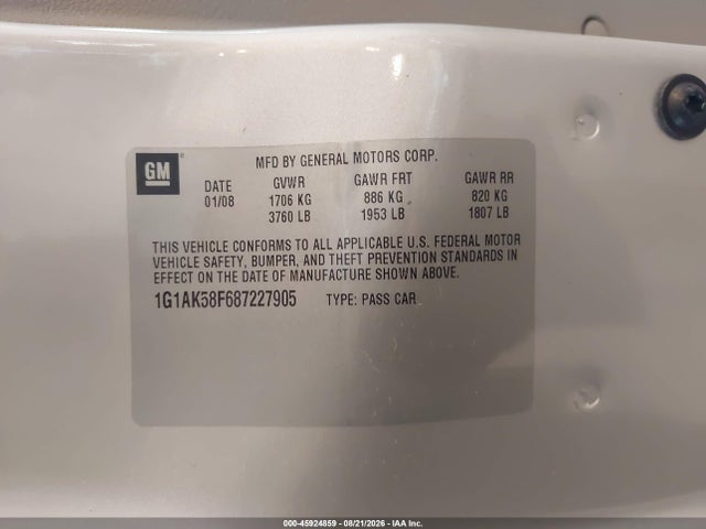 Aukcja sprzedaży 2008 Chevrolet Cobalt Ls, vin: 1G1AK58F687227905, numer aukcji: 45924859