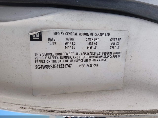 2004 Buick Century მანქანა იყიდება აუქციონზე, vin: 2G4WS52J541231747, აუქციონის ნომერი: 45924867