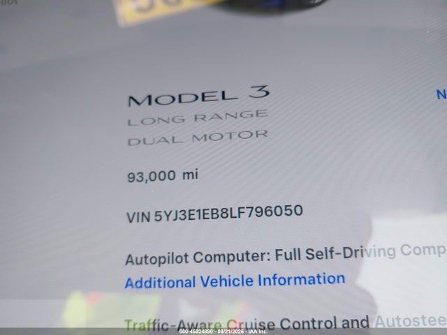 5YJ3E1EB8LF796050 Tesla Model 3 Long Range Dual Motor All-wheel Drive