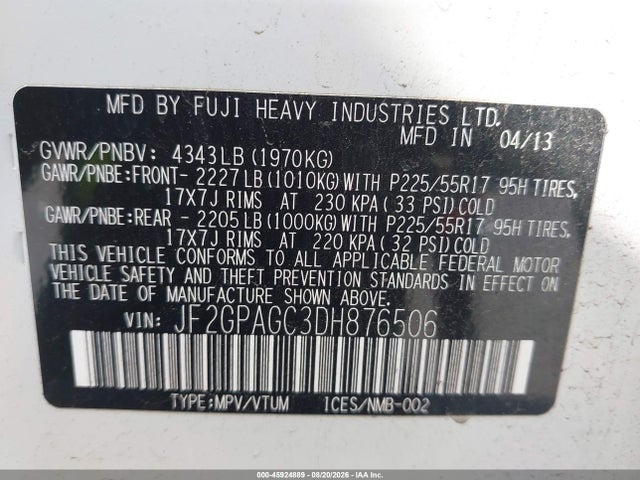 45924889 :رقم المزاد ، JF2GPAGC3DH876506 vin ، 2013 Subaru Xv Crosstrek 2.0i Limited مزاد بيع