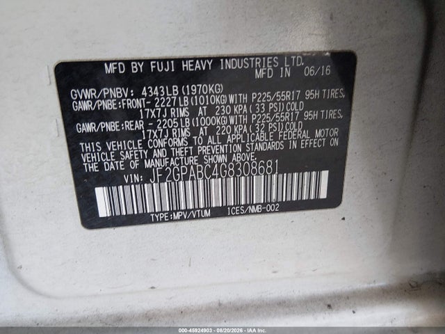 Aukcja sprzedaży 2016 Subaru Crosstrek 2.0i Premium, vin: JF2GPABC4G8308681, numer aukcji: 45924903