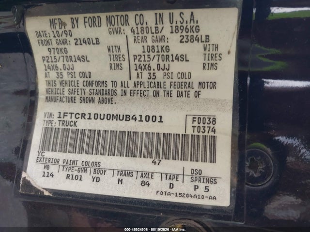45924906 :رقم المزاد ، 1FTCR10U0MUB41001 vin ، 1991 Ford Ranger مزاد بيع