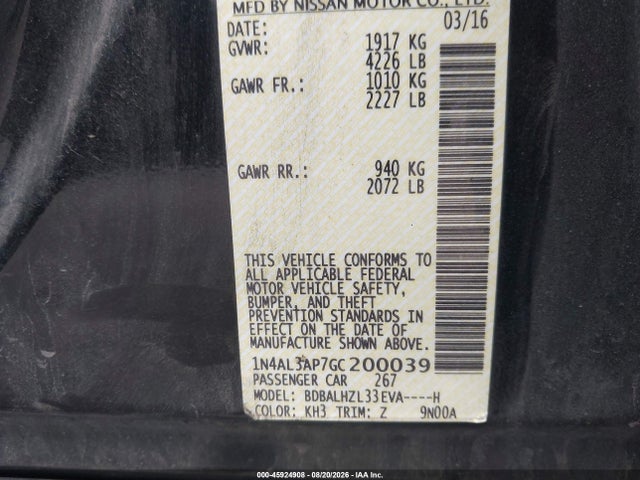 2016 Nissan Altima 2.5 Sr მანქანა იყიდება აუქციონზე, vin: 1N4AL3AP7GC200039, აუქციონის ნომერი: 45924908