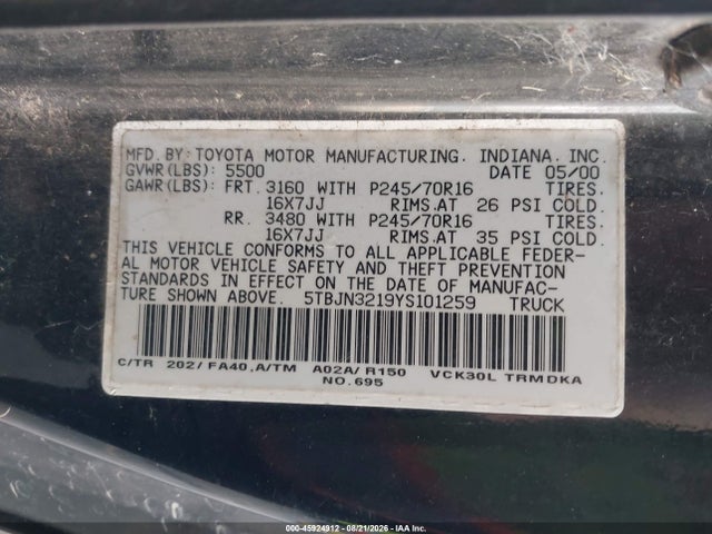 Auction sale of the 2000 Toyota Tundra, vin: 5TBJN3219YS101259, lot number: 45924912