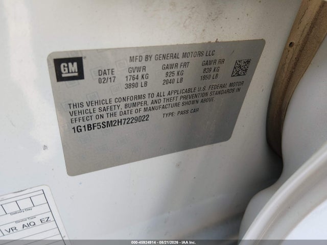 Auction sale of the 2017 Chevrolet Cruze Premier Auto, vin: 1G1BF5SM2H7229022, lot number: 45924914