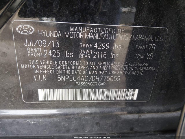 Продажа на аукционе авто 2013 Hyundai Sonata Limited, vin: 5NPEC4AC7DH775059, номер лота: 45924918