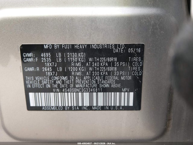 2016 Subaru Outback 2.5i Limited მანქანა იყიდება აუქციონზე, vin: 4S4BSBNC3G3346811, აუქციონის ნომერი: 45924927