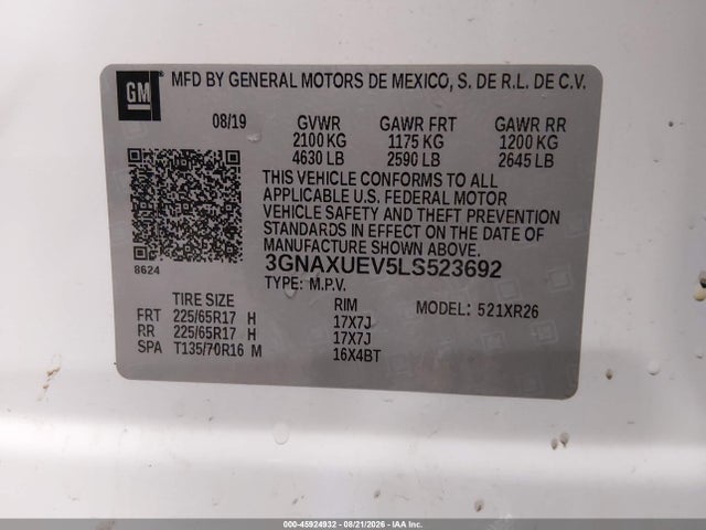 2020 Chevrolet Equinox Awd Lt 1.5l Turbo მანქანა იყიდება აუქციონზე, vin: 3GNAXUEV5LS523692, აუქციონის ნომერი: 45924932