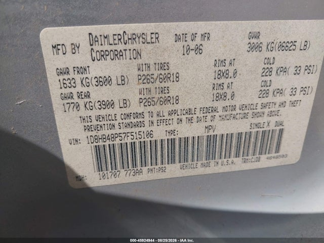 Продаж на аукціоні авто 2007 Dodge Durango Slt, vin: 1D8HB48P57F515106, номер лоту: 45924944