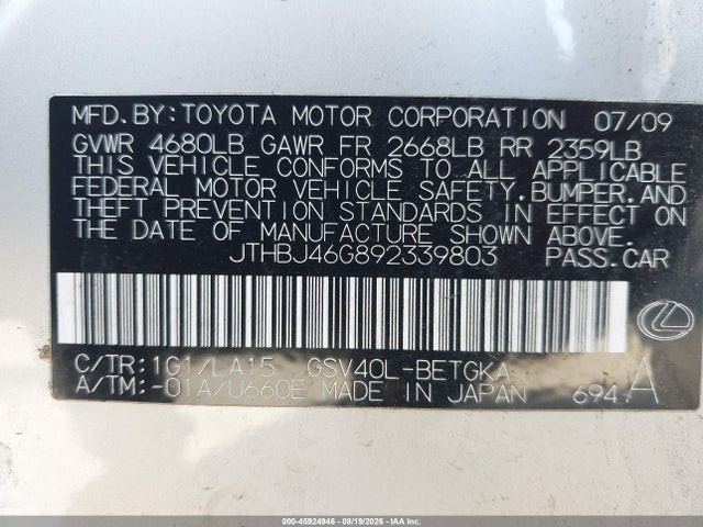 Продажа на аукционе авто 2009 Lexus Es 350, vin: JTHBJ46G892339803, номер лота: 45924946