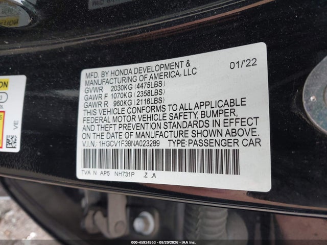 2022 Honda Accord Sport მანქანა იყიდება აუქციონზე, vin: 1HGCV1F38NA023289, აუქციონის ნომერი: 45924953