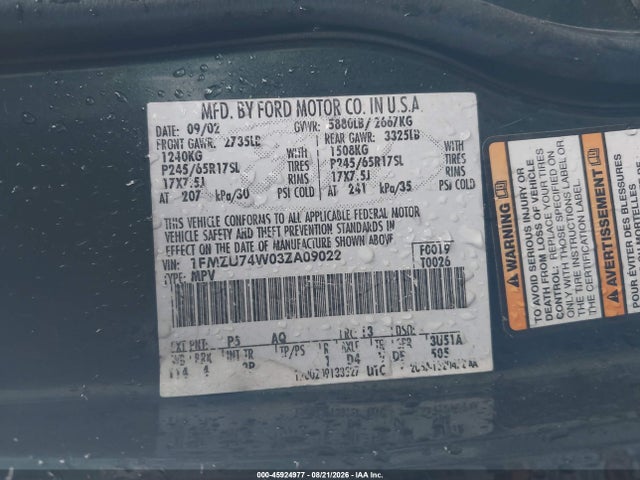 45924977 :رقم المزاد ، 1FMZU74W03ZA09022 vin ، 2003 Ford Explorer Eddie Bauer مزاد بيع