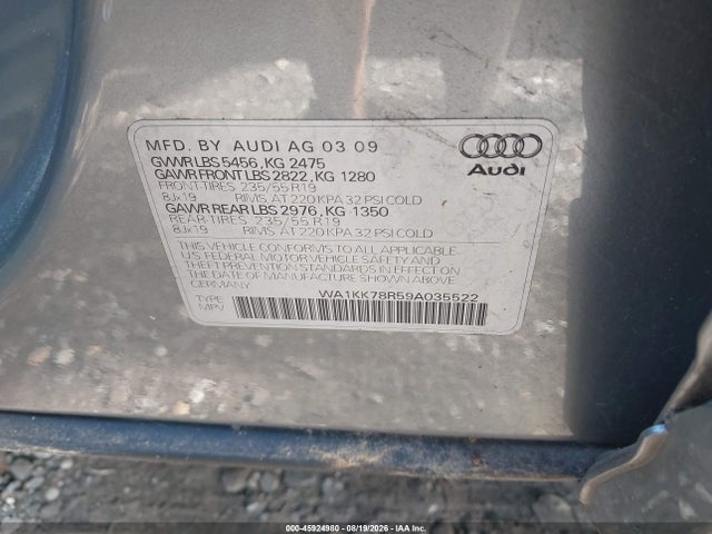 45924980 :رقم المزاد ، WA1KK78R59A035522 vin ، 2009 Audi Q5 3.2 Premium مزاد بيع