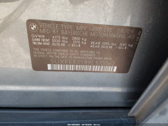 Aukcja sprzedaży 2009 Bmw X5 Xdrive48i, vin: 5UXFE83599L310062, numer aukcji: 45924982