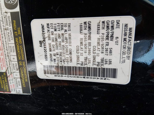 Aukcja sprzedaży 2008 Infiniti Fx35, vin: JNRAS08W38X201658, numer aukcji: 45924985