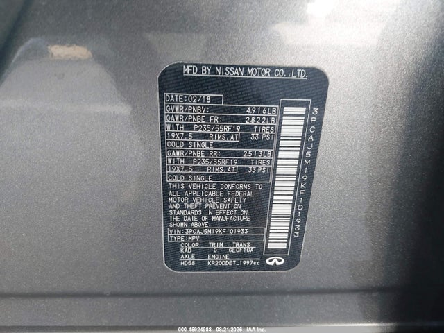 Aukcja sprzedaży 2019 Infiniti Qx50 Essential, vin: 3PCAJ5M19KF101933, numer aukcji: 45924988