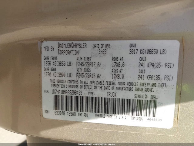 45924997 :رقم المزاد ، 1D7HA18N03S298439 vin ، 2003 Dodge Ram 1500 Slt/laramie/st مزاد بيع