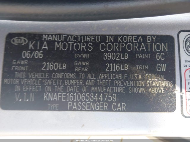 45925021 :رقم المزاد ، KNAFE161065344759 vin ، 2006 Kia Spectra5 مزاد بيع