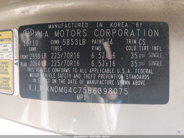 Aukcja sprzedaży 2011 Kia Sedona Lx, vin: KNDMG4C75B6398075, numer aukcji: 45925033