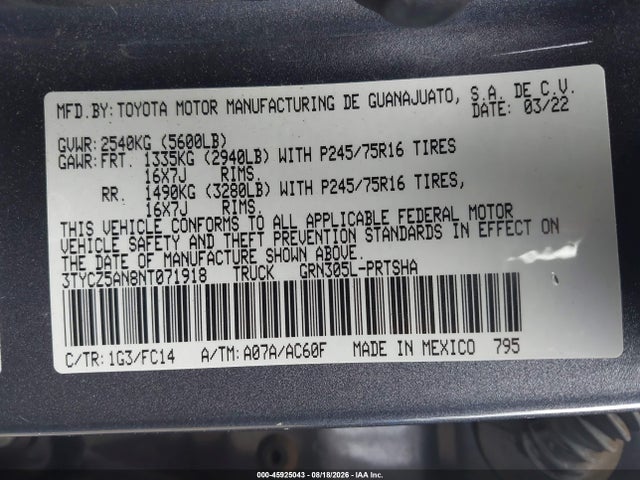 Продажа на аукционе авто 2022 Toyota Tacoma Sr V6/sr5 V6/trd Off Road/trd Pro/trd Sport, vin: 3TYCZ5AN8NT071918, номер лота: 45925043