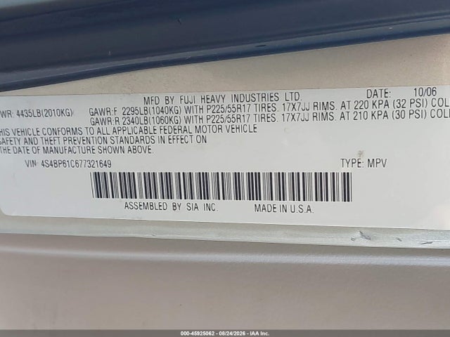Продаж на аукціоні авто 2007 Subaru Outback 2.5i, vin: 4S4BP61C677321649, номер лоту: 45925062