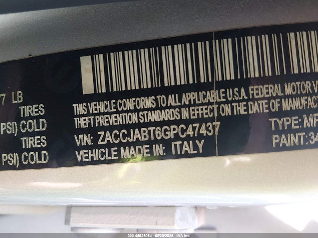 Продаж на аукціоні авто 2016 Jeep Renegade Latitude, vin: ZACCJABT6GPC47437, номер лоту: 45925064