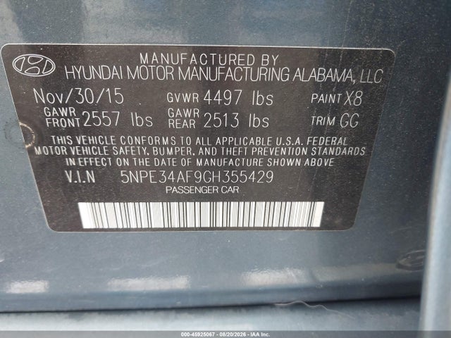 45925067 :رقم المزاد ، 5NPE34AF9GH355429 vin ، 2016 Hyundai Sonata Sport مزاد بيع