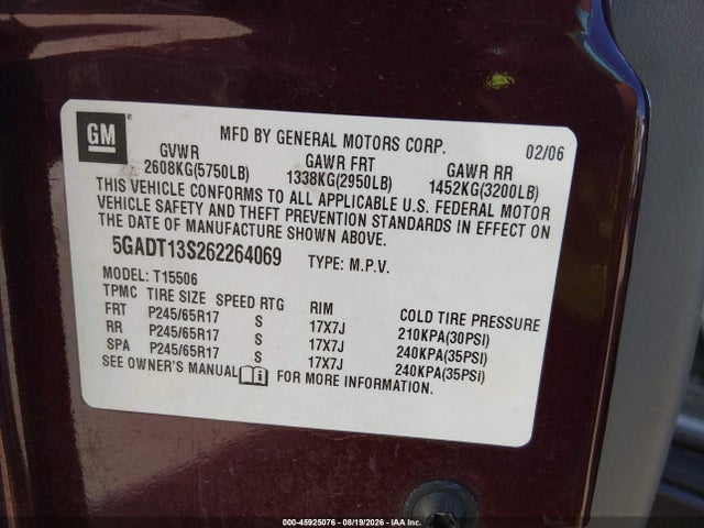 2006 Buick Rainier Cxl მანქანა იყიდება აუქციონზე, vin: 5GADT13S262264069, აუქციონის ნომერი: 45925076