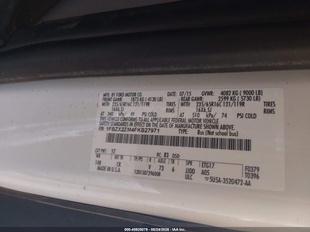 Продаж на аукціоні авто 2015 Ford Transit-350 Xlt, vin: 1FBZX2ZM4FKB27971, номер лоту: 45925079
