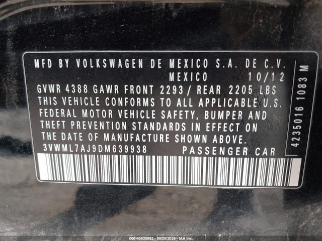 Aukcja sprzedaży 2013 Volkswagen Jetta Sportwagen 2.0l Tdi, vin: 3VWML7AJ9DM639938, numer aukcji: 45925092