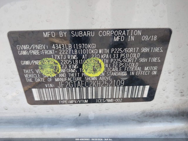Aukcja sprzedaży 2019 Subaru Crosstrek 2.0i Premium, vin: JF2GTAEC2KH252109, numer aukcji: 45925093